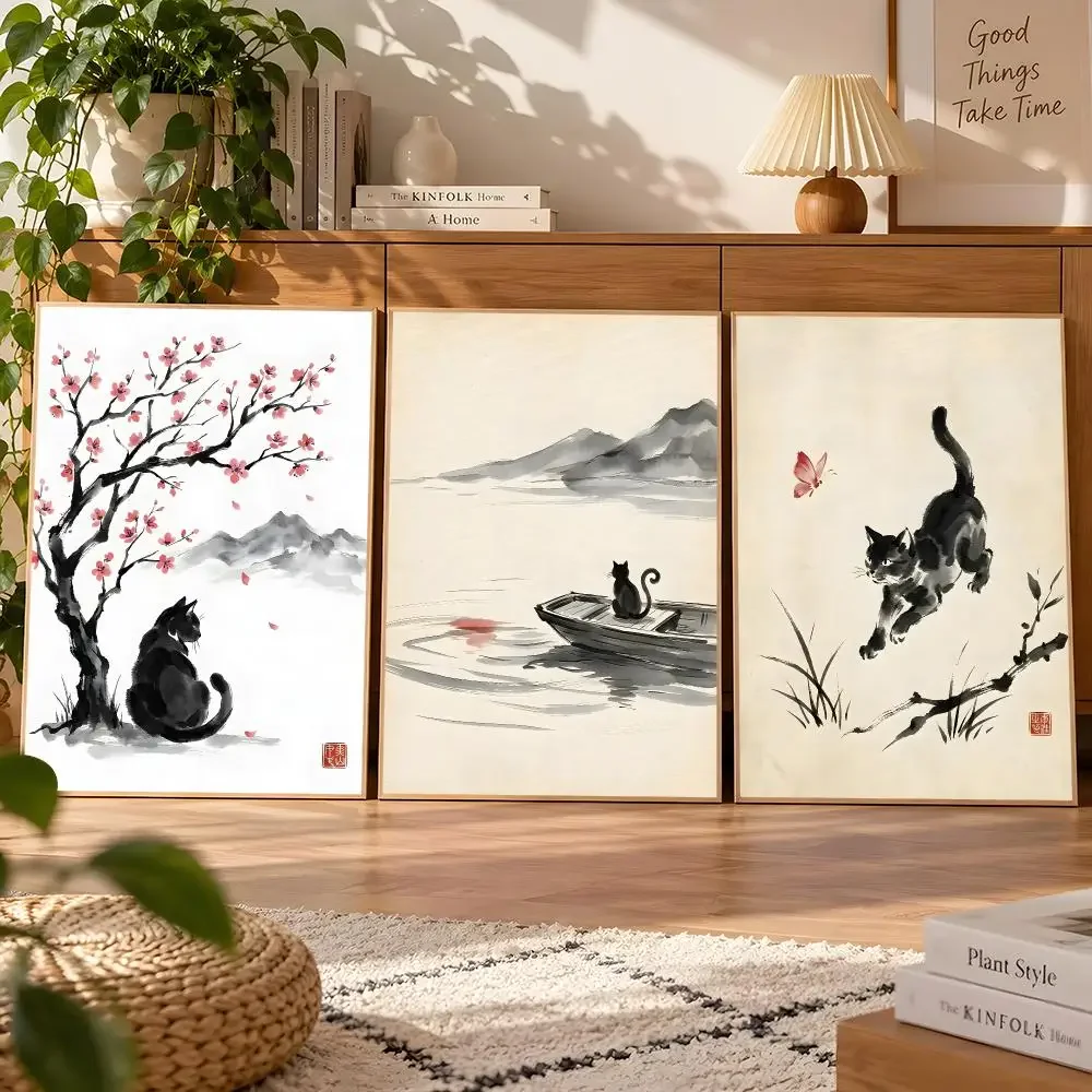 Japanese Cat Sleeping By Lantern Koi Fish Black Cat Minimalism Poster Matte Wall Art Waterproof Room Decoration Bedroom
