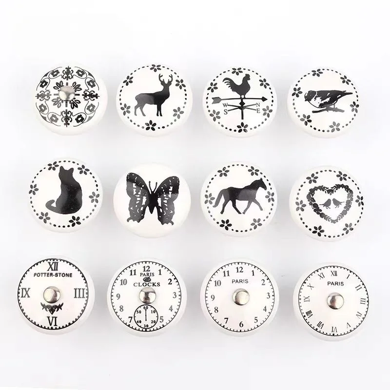 Animal Clock Ceramic Door Drawer Knob Furniture Handle Round Cabinet Pulls Wardrobe Cupboard Closet Knob For Children's Room