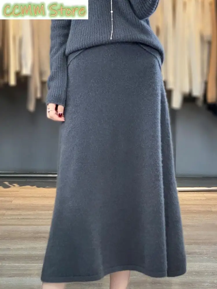 New Merino Wool Women's Skirts Solid Elastic Waist Cashmere Knitwear A-line Grace Soft Basic Casual Autumn Winter Clothing