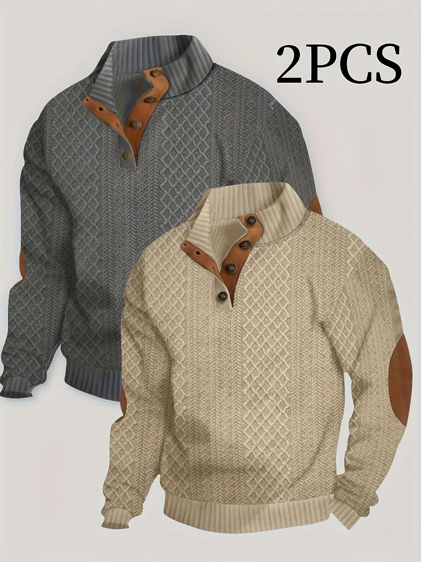 

2pcs Button-Up Sweater 2pcs Men's Casual Button-Up Sweater - Long Sleeve Stretchy Solid Color Regular Fit Spring/Fall Collection