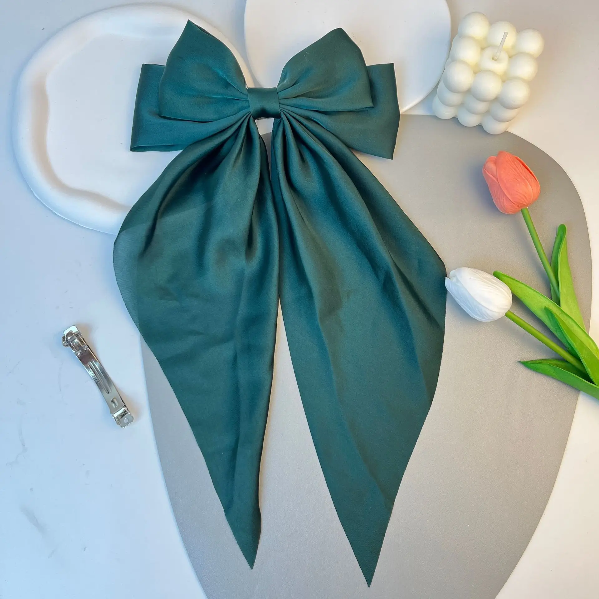

Extra Long Ribbon Hair Clip, Pure Color Satin Big Bow for Ponytail & Bun, Women's Elegant Back of Head Hair Accessory A