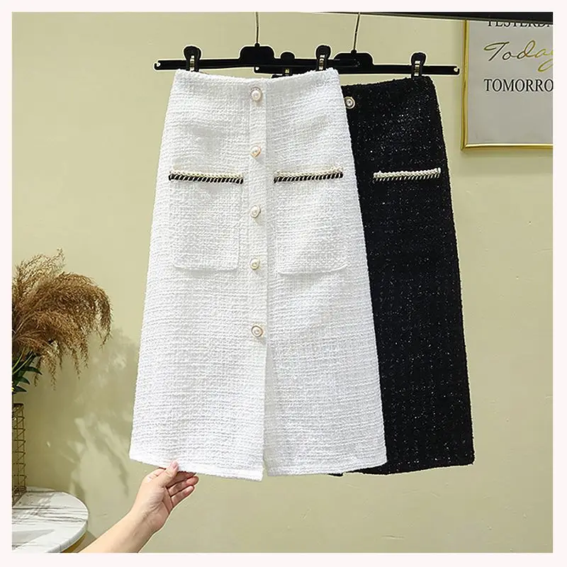 

Autumn Winter Temperament Buttons Slim High Waist A-line Skirt Female Fashion Plaid Thick Elastic Waist Skirts Women Clothes