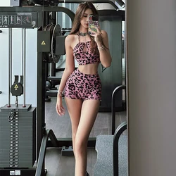 Leopard Print Yoga High Waist Fitness Pants Sports Vest Shorts Suit For Women