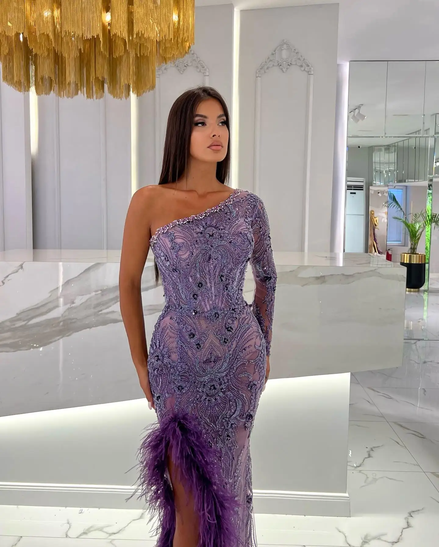 Linyang Purple One Shoulder Neckline Prom Dress Long Sleeves With Floor Length  Evening Summer Elegant Party Dress For Women2023