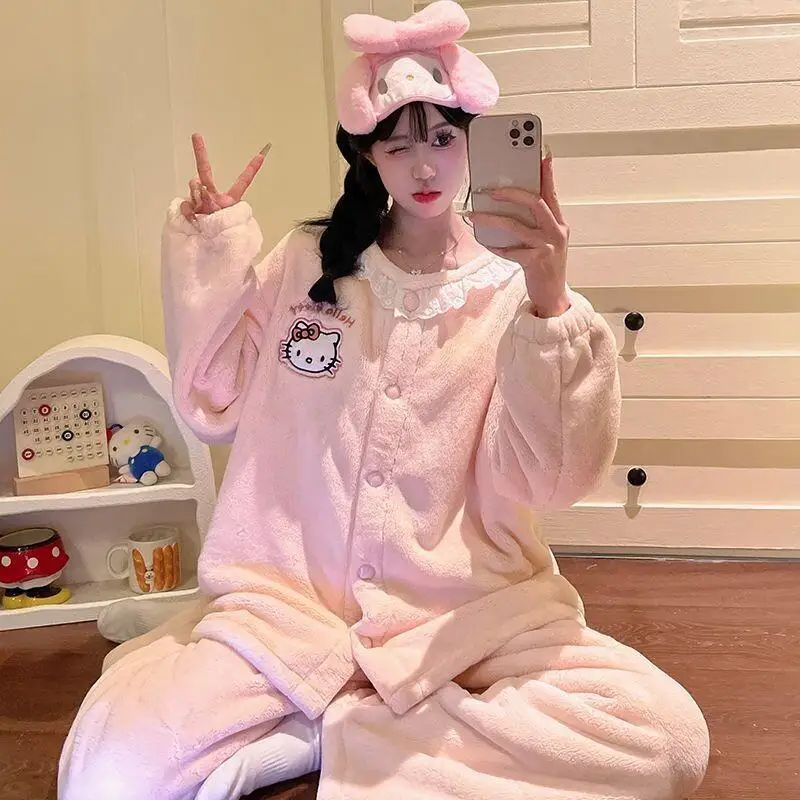 

Sanrio Hello Kitty Pajamas Set Coral Fleece Mid Thick Flannel Plush School Girl Homewear Cute New Autumn Winter Nightwear Set