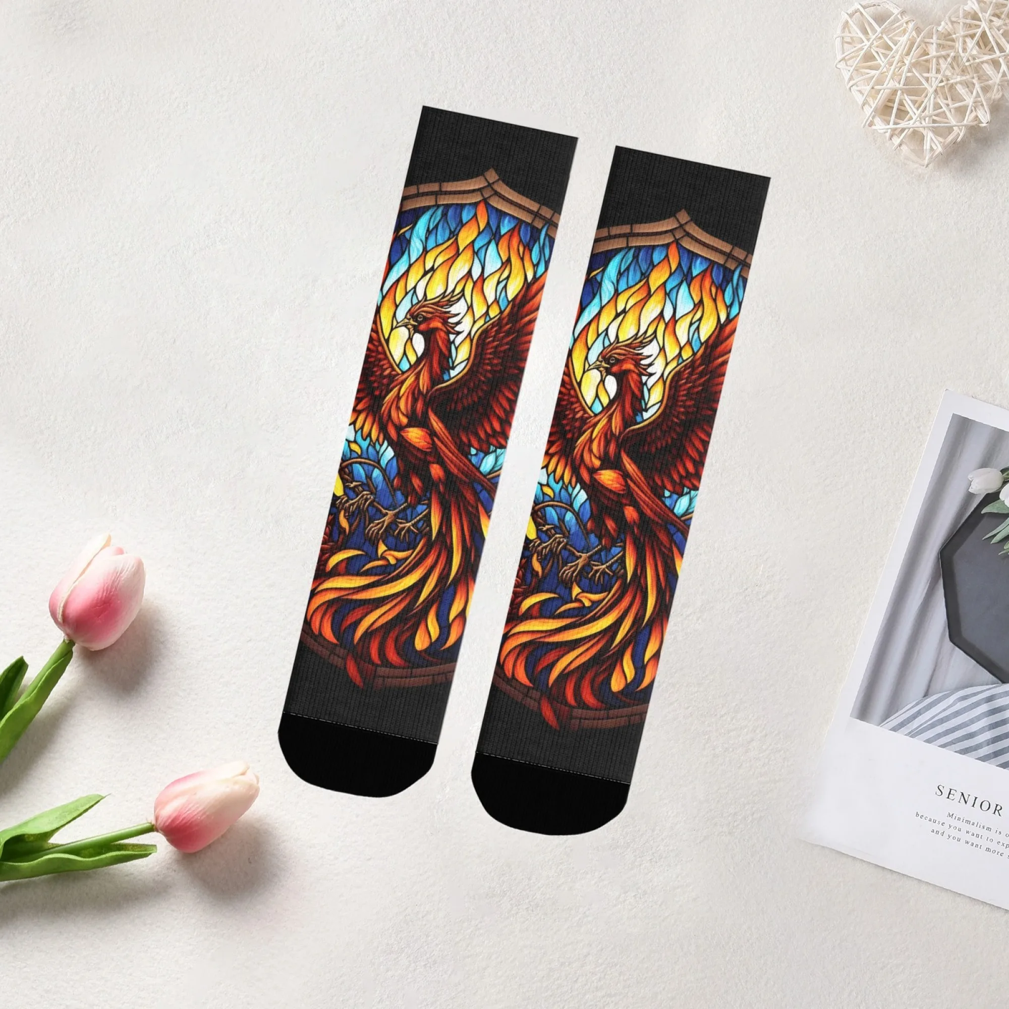 

Unisex Stained Glass Phoenix Style Crew Socks Vintage Artistic Fashion Socks Washable Fabric Non-Slip Casual Running Wear