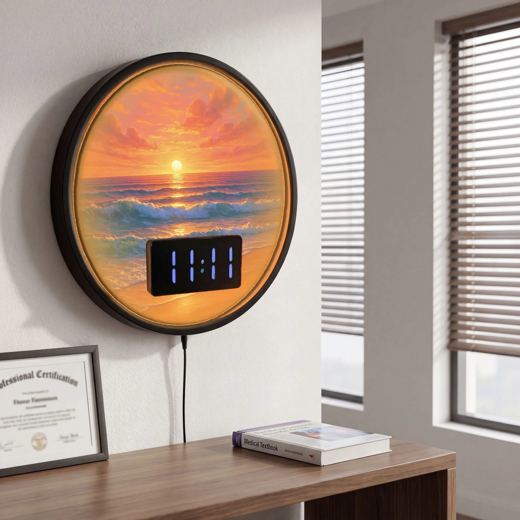 Ocean Sunset Beach Waves Digital Wall Clock with Temperature Calendar Date Seaside House Decor LED Rim Night Light Wall Clock