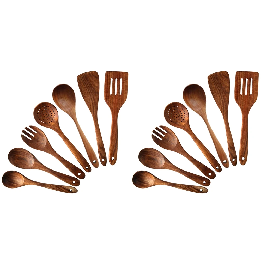 AT43-14 PCS Teak Wooden Kitchen Cooking Utensils, Non-Stick Spoons And Spatula Cookware For Home And Kitchen