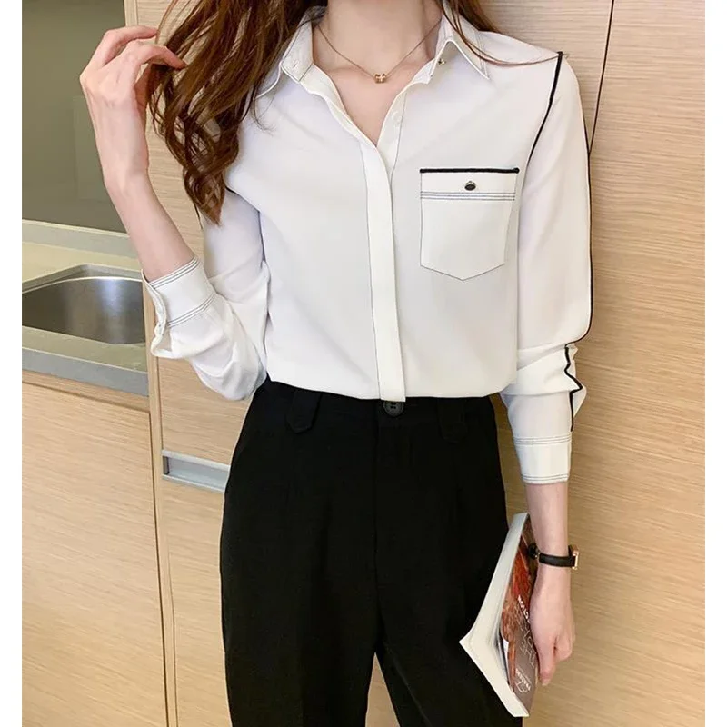 Spring New Polo-neck Elegant Fashion Patchwork Chiffon Blouse Femme Long Sleeve All-match Cardigan Top Women Casual Shirt Z351