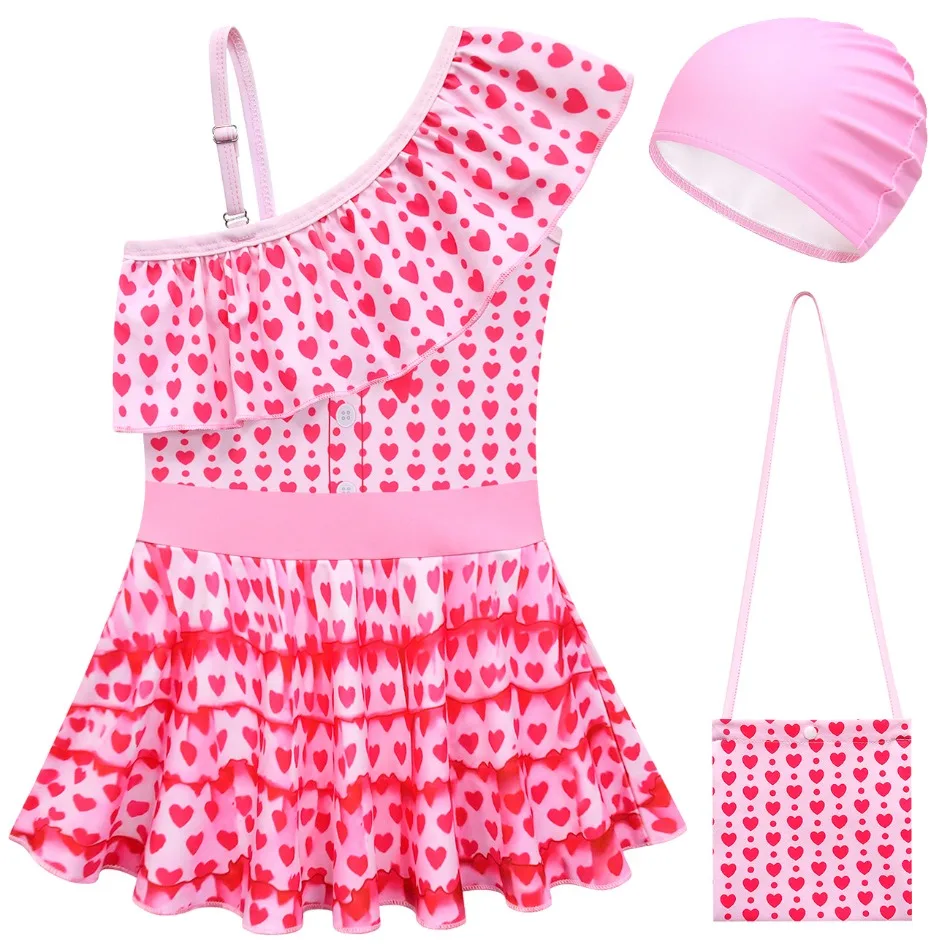 Girls Pink Heart Print One Shoulder Skirted Swimsuit Kids Ruffle Hem Bathing Suit Toddler Pool Party Beach Swimming Outfit TSJ45