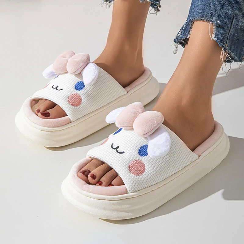 Linen Platform Slippers Women Home Cute Cartoon Designer Shoes Girls Fashion Casual House Slipper Elegant Large Size Open Toe