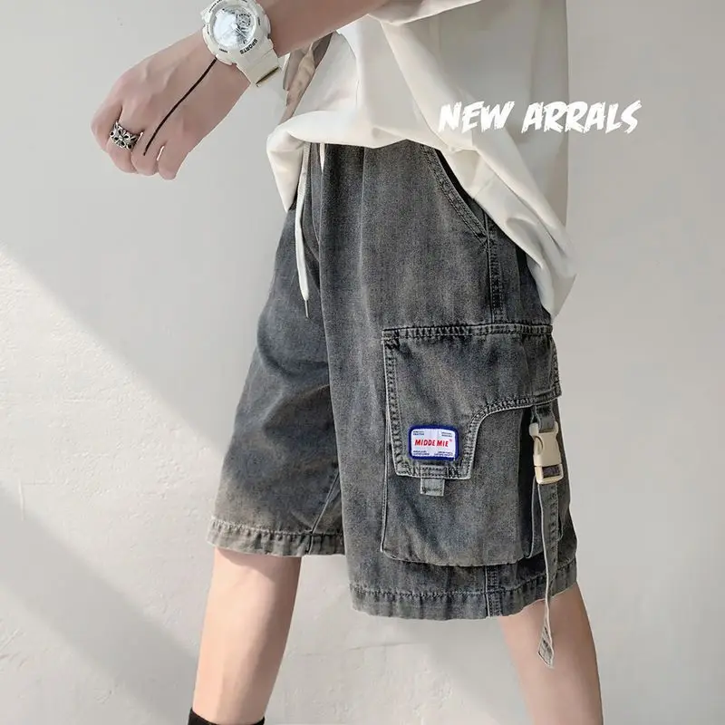 

Y2K Mens Streetwear Breeches Retro Korean Haruku Pocket Denim Hip Hop Cargo Short Pants Grunge Bermudas Jeans Shorts Clothes