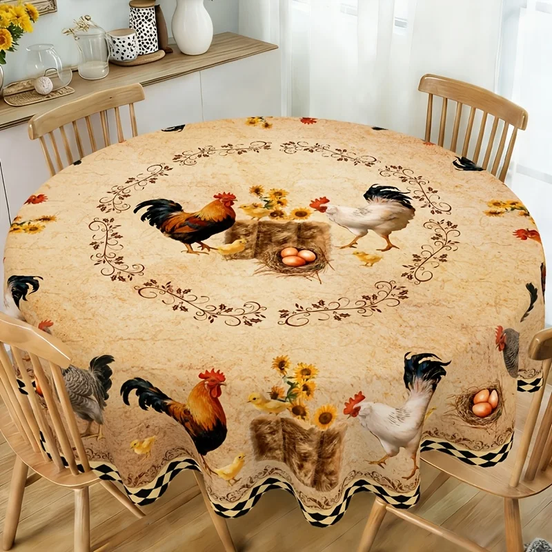 2D flat-print round tablecloth, 1-piece turkey pattern tablecloth, with a rural farmhouse style and chicken themexzj