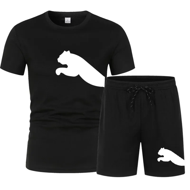 

Men's mesh breathable quick-drying short-sleeved T-shirt + casual shorts set - Summer gym running fashionable sports outfit
