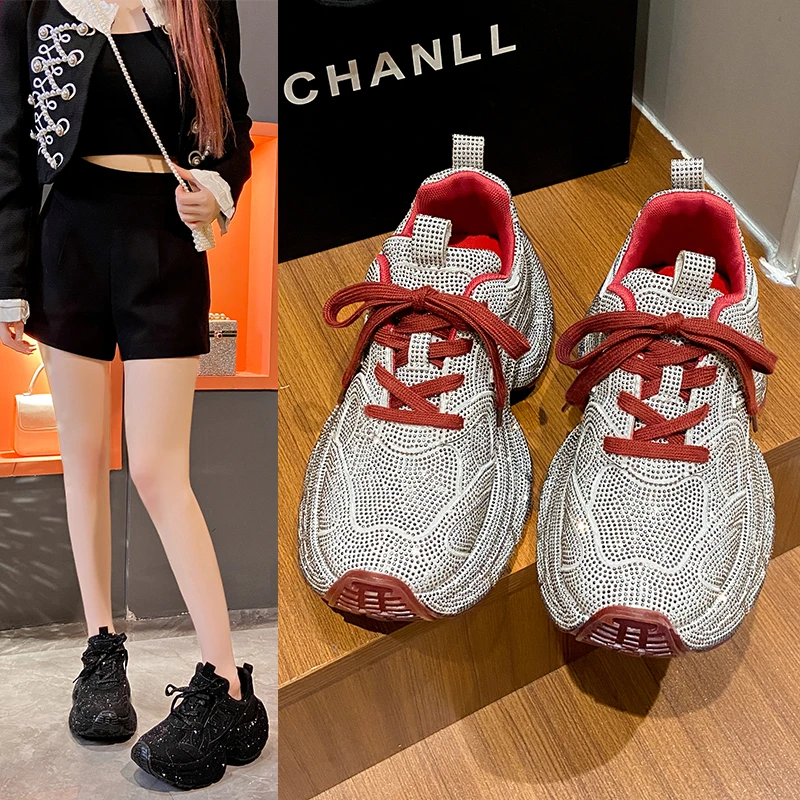 

Новые женские модные кроссовки с бриллиантами, блестящие дизайнерские кроссовки на платформе, роскошная повседневная обувь на толстой подошве, Zapatos De Mujer