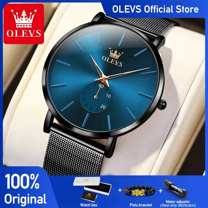 

Мужские часы OLEVS, минималистские ультратонкие оригинальные кварцевые наручные часы, водонепроницаемые светящиеся независимые часы с секундным циферблатом и сетчатым ремешком