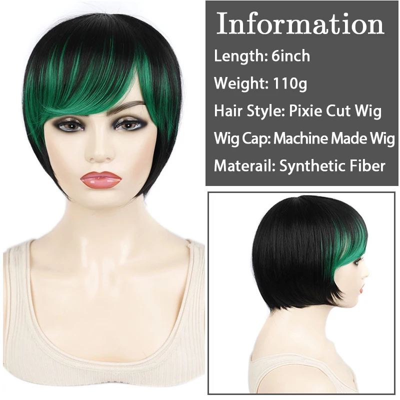 Ombre Green Short Straight Wigs with Side Bangs Pixie Cut Pink Wig for Black Women Synthetic 6'' Machine Made Wig Peruca Cosplay