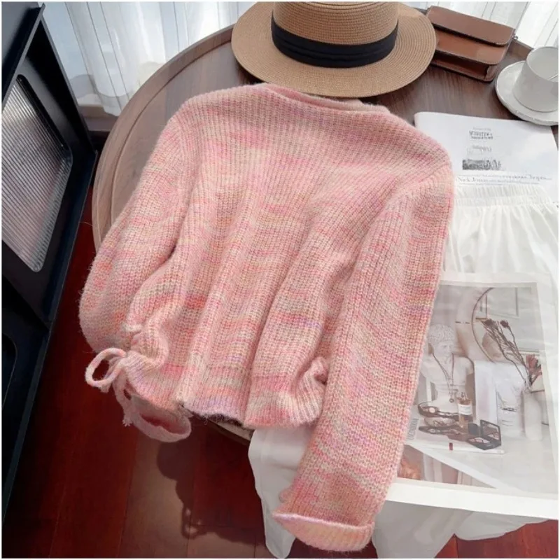 DAYIFUN Women's Sweety Style Cardigan Autumn Pink Knitted 3D Flower Short Drawstring Ladies Sweaters Design Casual Versatile Top