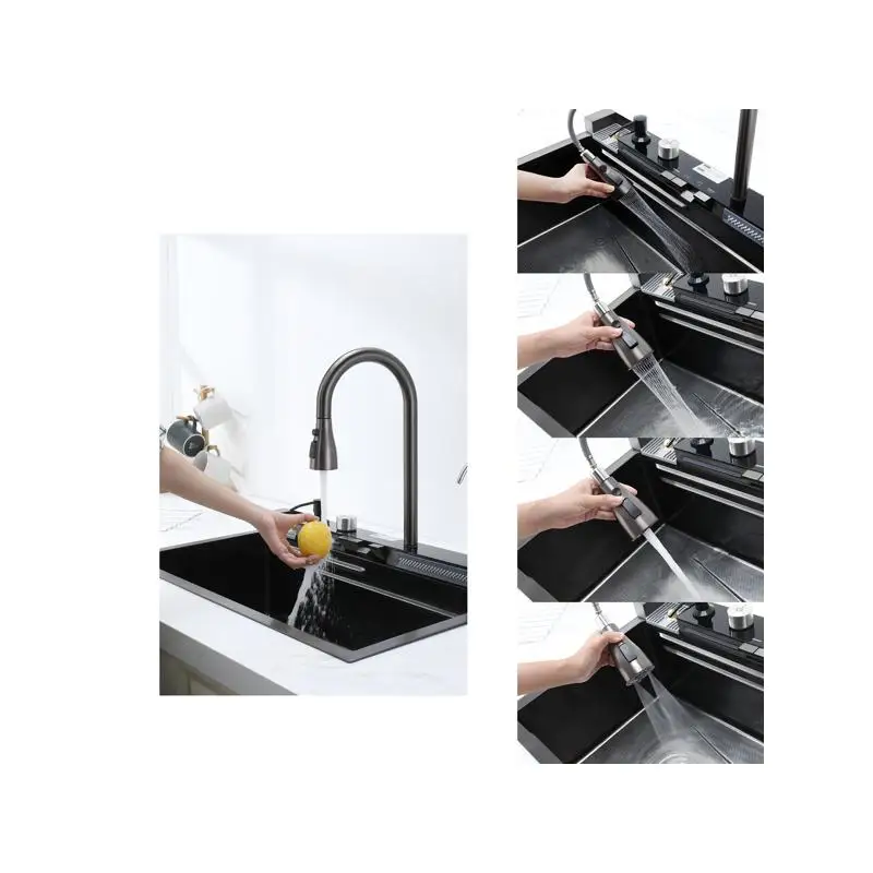 Pull-Out Faucet Single Bowl Kitchen Vegetable Sink 304 Stainless Steel Waterfall Dish Sink Household Vegetable Washing Basin