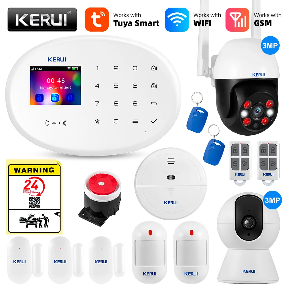 KERUI Tuya Smart WIFI GSM Alarm System Works With Alexa Home Security Wireless 433Mhz Burglar Alarm Door Window Sensor Detector