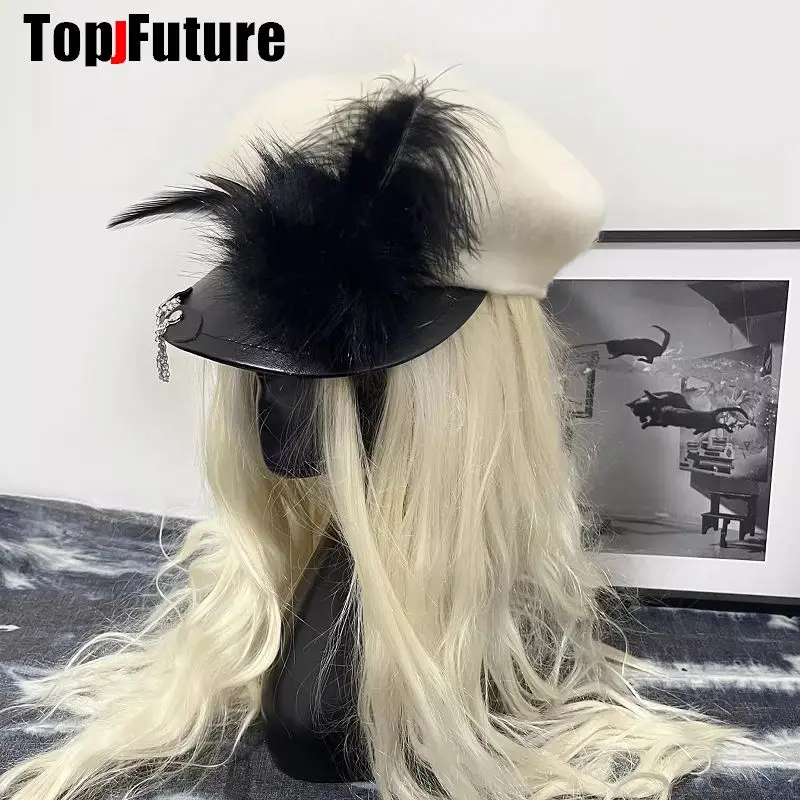 

Women Sex and Punk Leopard Hat Customized Harajuku Gothic Lolita Beret hat Y2K Girl Feather Punk Furry handmake Sun hats