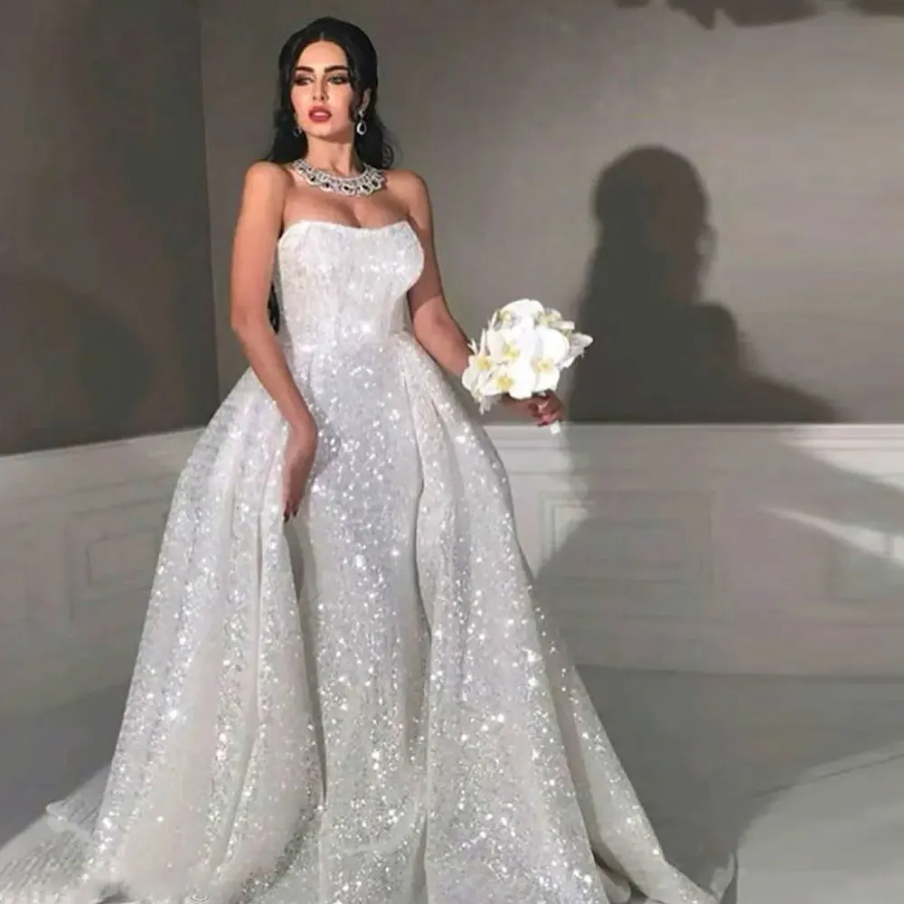 Full Sequin Plus Size Overskirt Country Bridal Gown Glitter mermaid Style arabic wedding dresses with detachable train Strapless