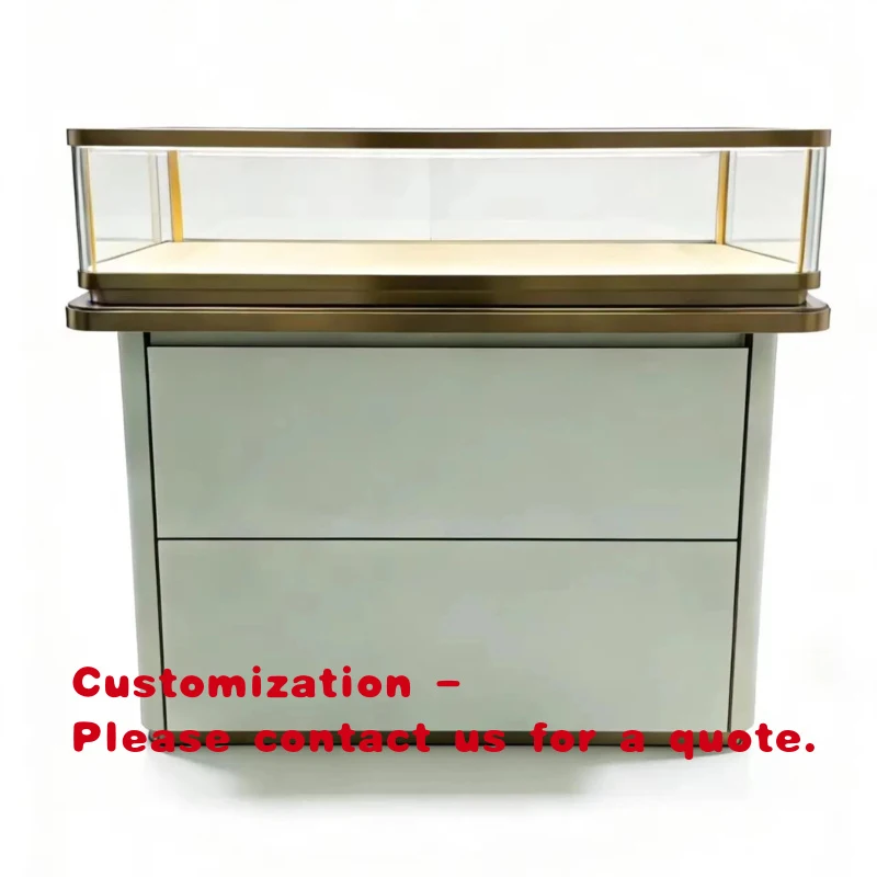 custom.Luxury Champagne Gold Jewelry Display with LED Lights - Tempered Glass, Lockable, Ready to Ship
