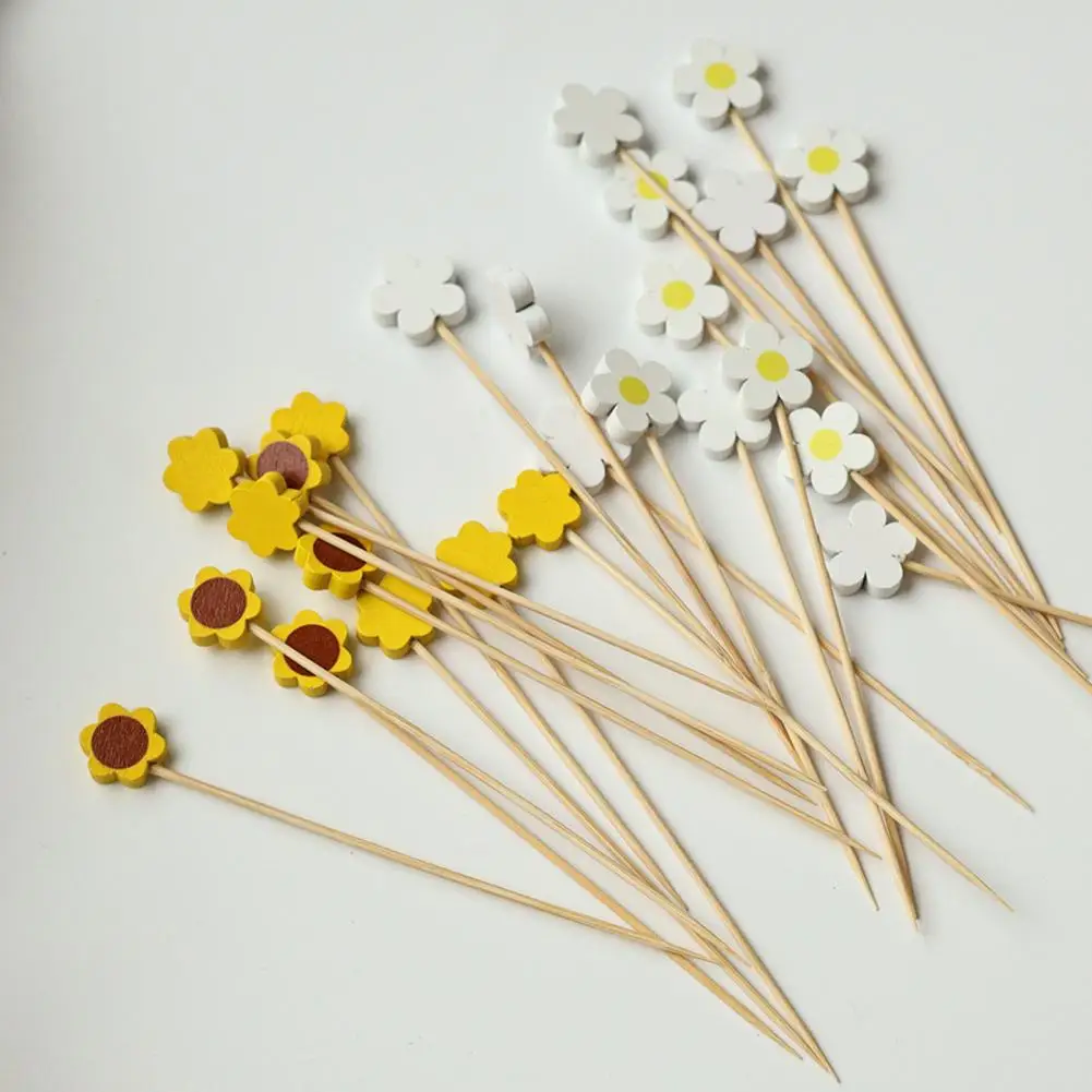 Snack Skewers 100pcs Disposable Bamboo Fruit Sticks Flower Top Cocktail Toothpicks Food Picks for Appetizers Party Decor