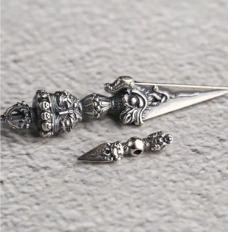 Vintage Style 100% 925 Silver Tibetan Buddhist Phurpa Pendant Good luck Buddha Amulet