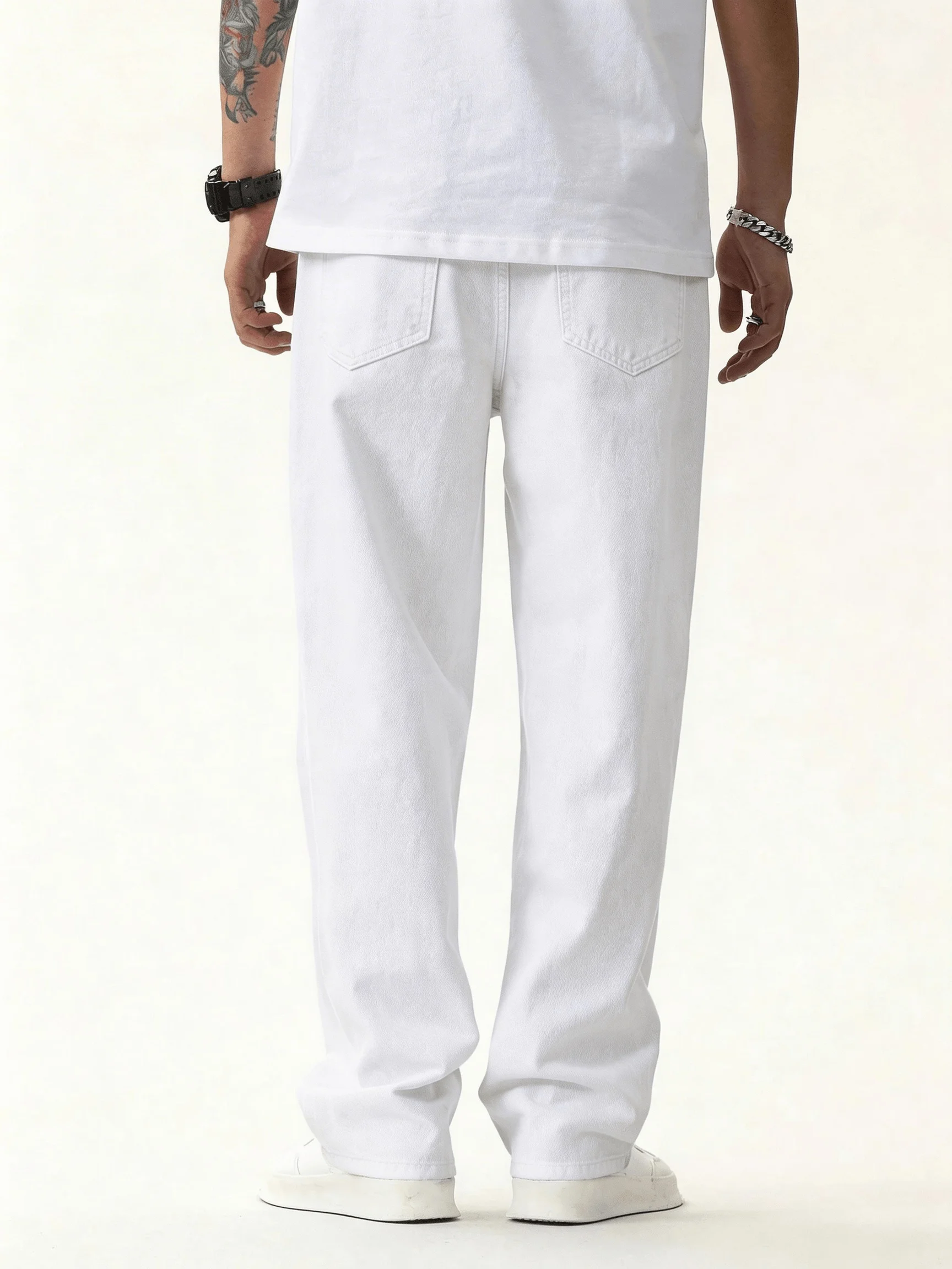 American High-Street White Loose-Fitting Men Jeans,Men Trendy Baggy Wide Long Pants Stylish And Versatile Minimalist Trousers