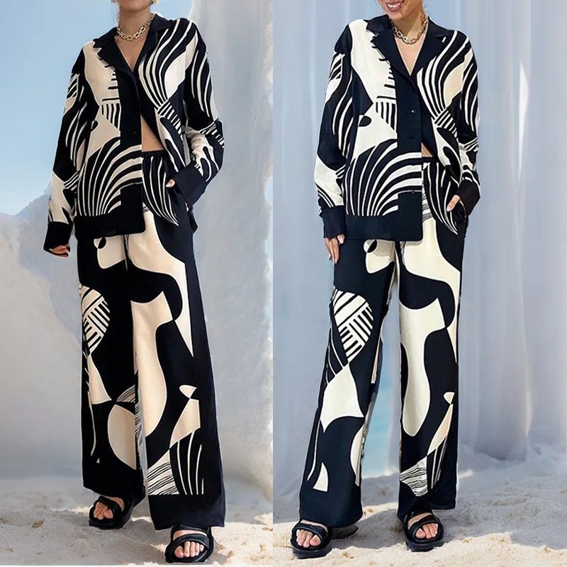 

2024 NEW Women Digital Print 2 Piece Set Long Sleeve Tops Loose Long Pants Suit Casual Streetwear Ladies Blouse Shirt Outfits