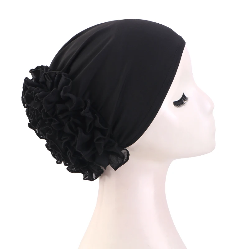 Neuer atmungsaktiver Chiffon-Hut mit großen Blumen, einfarbig, dünne Bodenkappe, islamischer Kopfwickel, elastischer Anti-Haarausfall-Hut für Damen – Detail 6