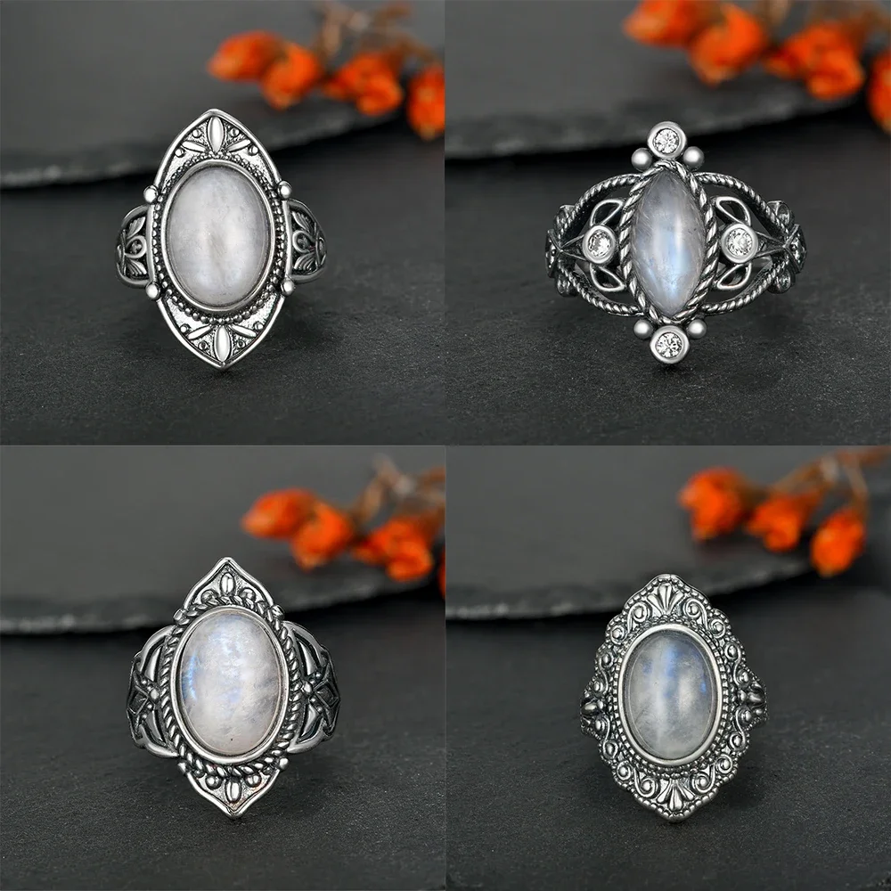 Vintage 925 Silver Ring Natural Moonstone Denier Type Horse Eye Design for Women Men Exquisite Packing Gift  Engagement ring