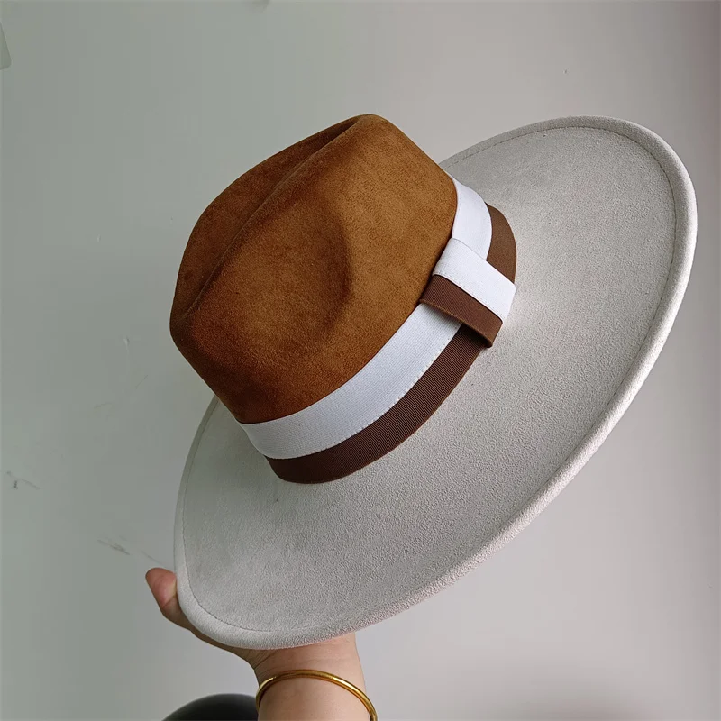 Chapeau en daim coloré avec ruban Colorblock, chapeau en feutre pour femmes, à large bord, Style britannique rétro, Gorras Hombre, automne et hiver