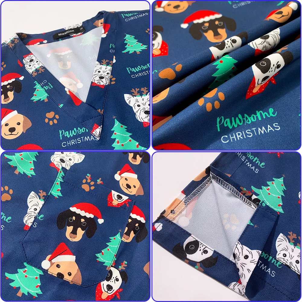 Frauen Herren hemden Weihnachten drucken Uniformen Cartoon medizinische Peelings Tops Kurzarm Pflege Bluse Krankens ch wester Arzt Arbeits kleidung