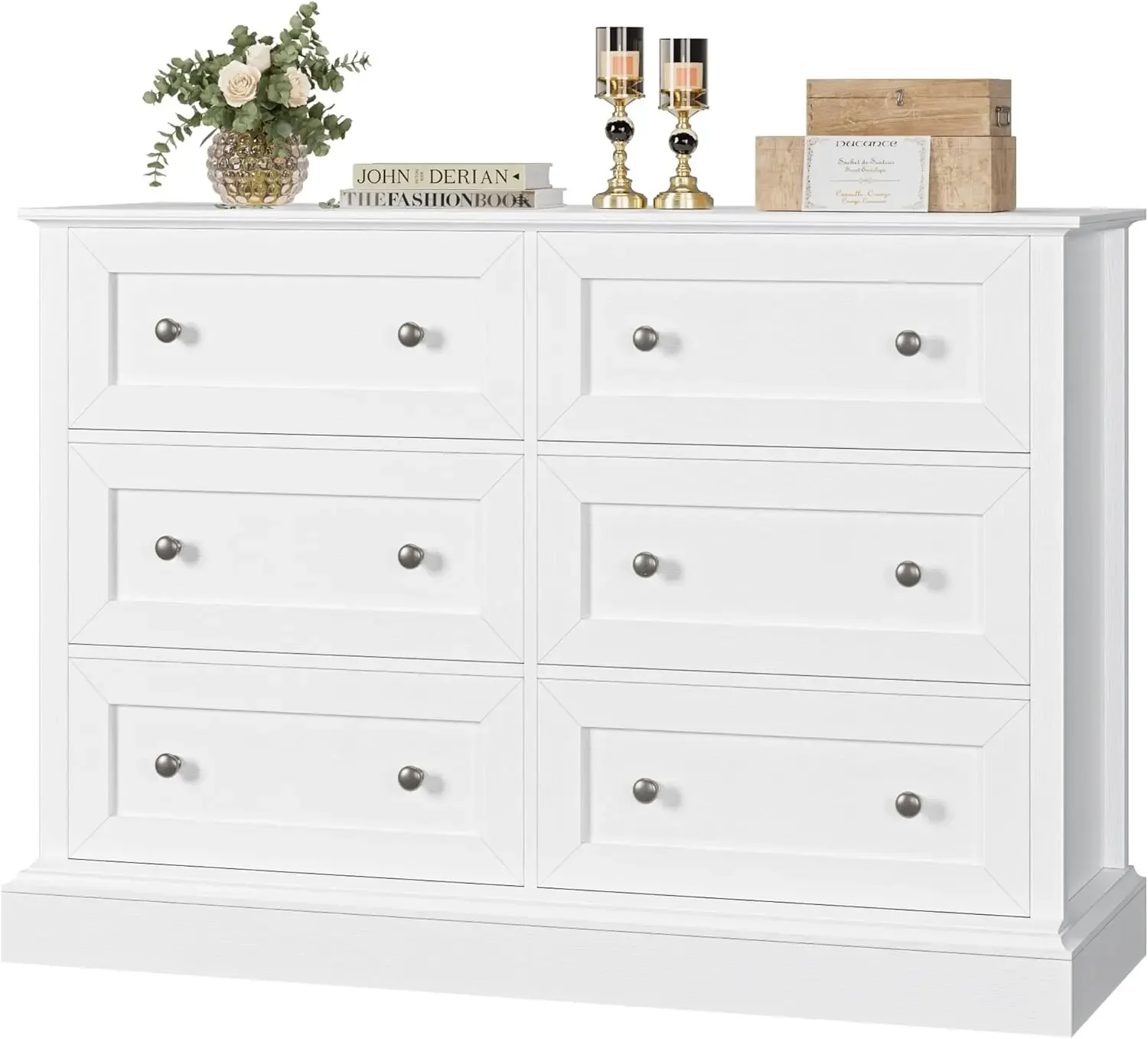 6 Drawer Double Dresser, White Dresser Wood Dresser, Wide Chest of Drawers with Deep Drawers & Mental Double Handles for Hallway