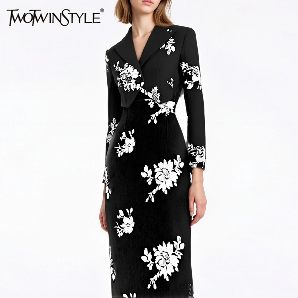 

TWOTWINSTYLE хитовый цвет, сращенные блестки, комплекты из двух предметов для женщин, топ с длинными рукавами и лацканами, юбка с высокой талией, элегантный комплект, женский новый