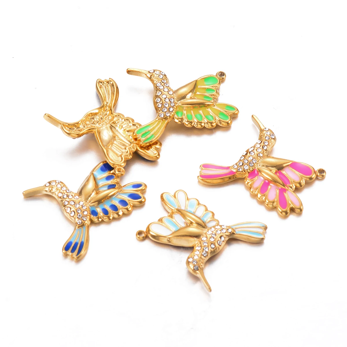 6Pcs Colorful Cute Enamel Animal Hummingbird Charms Stainless Steel Crystal Pendants for Diy Jewelry Making Supplies