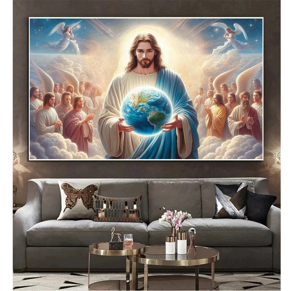 5D DIY Diamond Painting Kit Jesus and Earth Religious Wall Art,Cross Stitch Embroidery Handmade Diamond Mosaic Art Gift