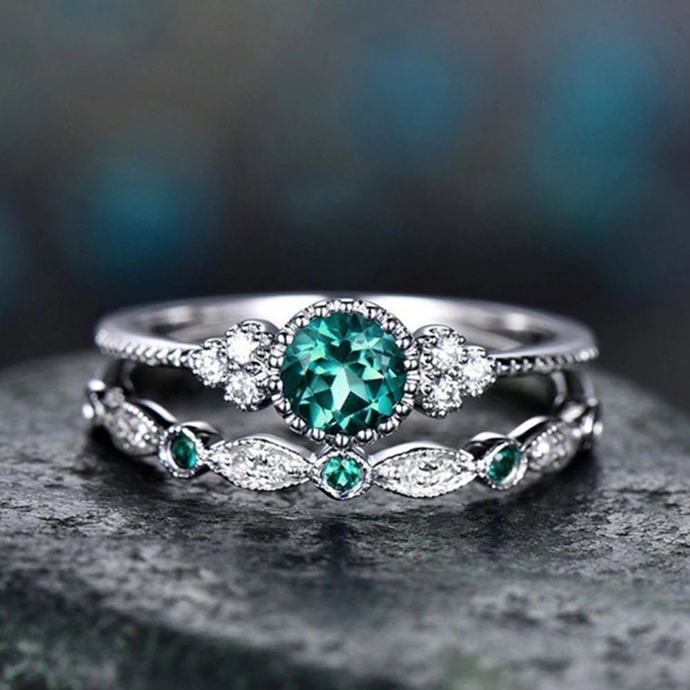 2 PCs Silver-Color Vintage Blue Zircon Ring For Women Fashion Classic Wedding Purple Pattern Ring Jewelry Set Gift