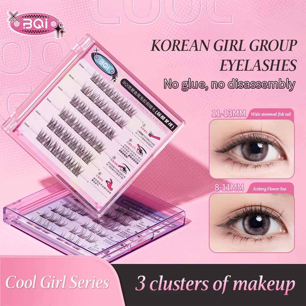 BQI 6-reihige künstliche Wimpern ohne Kleber, Mädchengruppe, Katzenstil und natürlicher breiter Stiel, tägliche Wimpern im koreanischen Stil