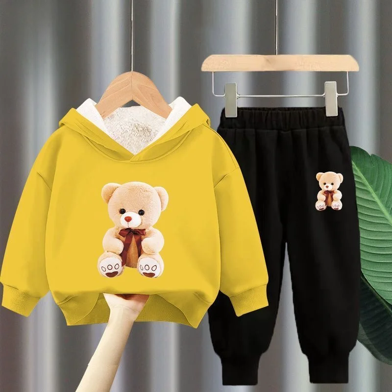 winter Boys Clothes plush warm long sleeve& trousers 2 Pieces Set Teenage Girls & Boys Printed bear hoodies Fashion Casual Top &