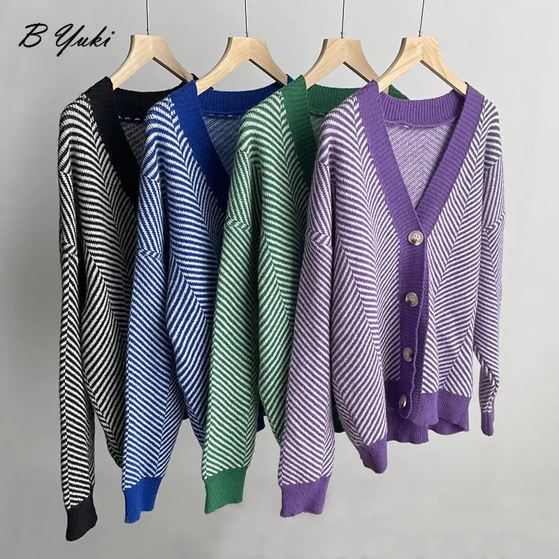 Blessyuki-Cardigan Rayé à Manches sulfpour Femme, Pull Vintage, Col en V, Doux, Haut Chic, Coréen