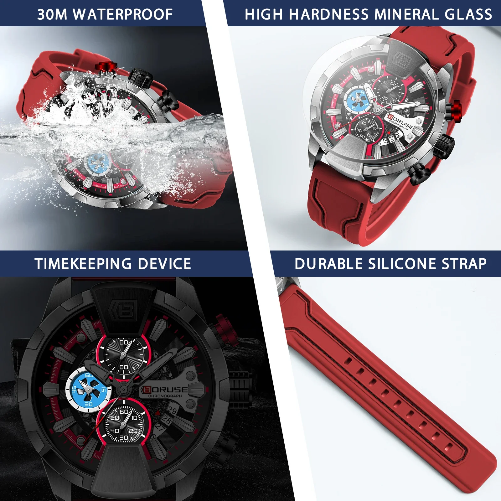BORUSE Watches for Men Red Waterproof Chronograph Watch Mens Business Wristwatch Calendar Clock Relogio Masculino view 4