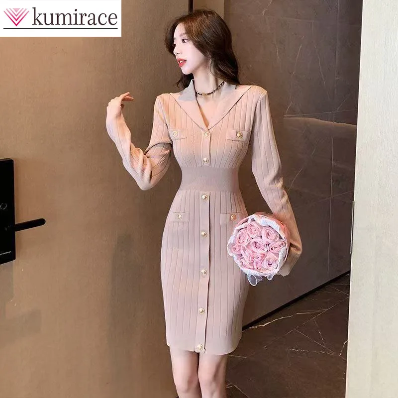 

Korean Autumn and Winter Temperament Long-term Lapel Solid Color Medium Long Dress, Women's High-end Dress for Women Clothes