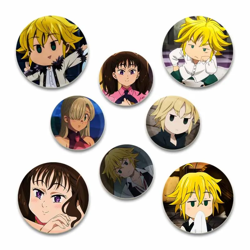 

Ban Diane Meliodas Gowther Elizabeth Liones Anime Cartoon Characters Lapel Pins Round Brooches Badge for Backpack Decoration