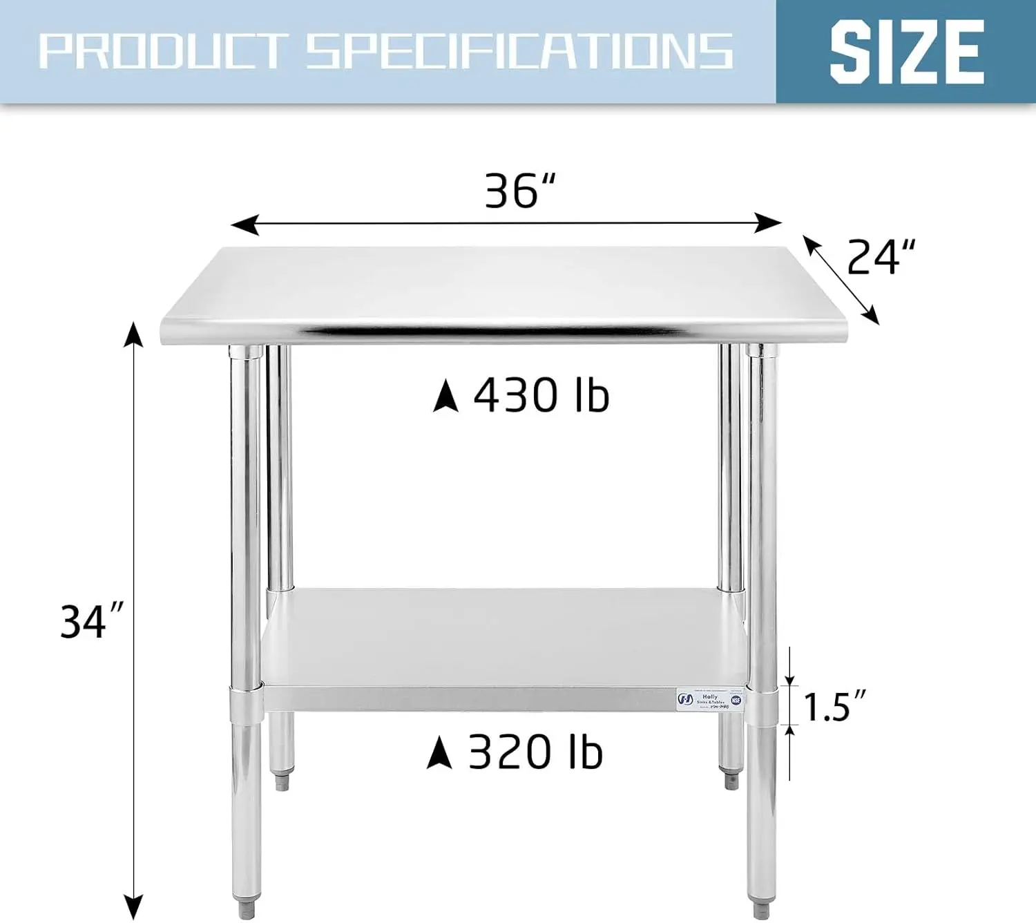 Stainless Steel Table for Prep & Work 24 x 36 Inches, NSF Commercial Heavy Duty Table with Undershelf and Galvanized Legs