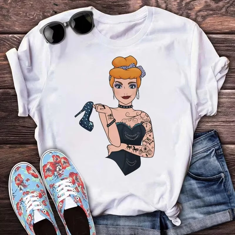 كول ديزني الأميرة قصيرة الأكمام العصرية تي شيرت المرأة موضة الشرير الكرتون نمط تي شيرت عادية ريترو لطيف AnimeWomen #2