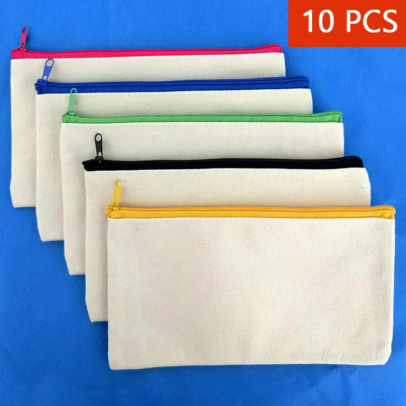 10 pcs/lot Canvas Pencil Bag Blank Stationery Storage Bag Graffiti DIY Zip Big Pen Bag 21*12cm Pen Case Wholesale