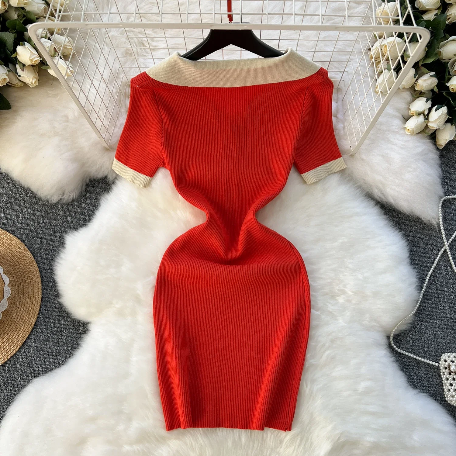 Patchwork Contast Knit Dress Mini Sexy Fashion Elastic Party Elegant Vestidos Turn Down Collar Chic Bodycon Summer Women Dress